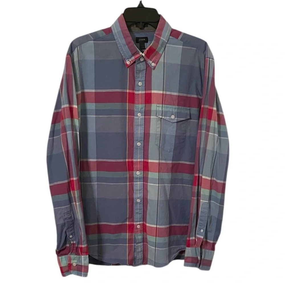 J. Crew Men's Blue Red Plaid India Cotton Slim Fit Button‎ Down Shirt Size L